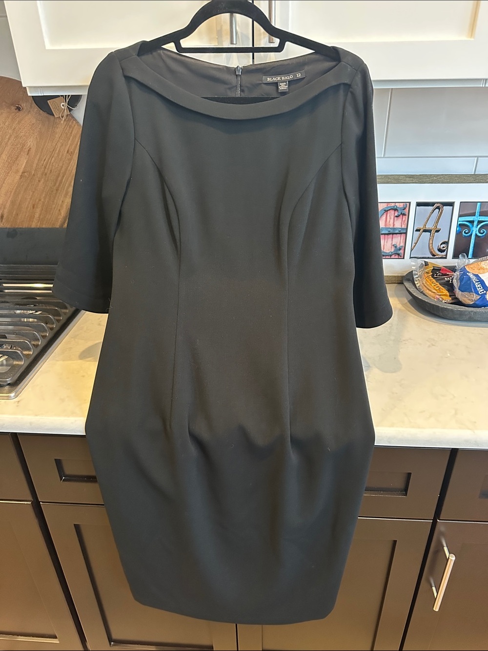 Black Halo Black Midi Sheath Dress with Boat Neck